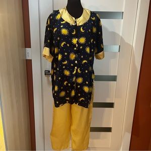 Miran moon sun solar silky pajama set - button up blouse & loose fit pants
